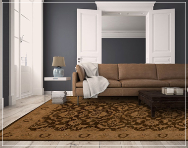 Classic carpet with a modern sofa and wooden coffee table